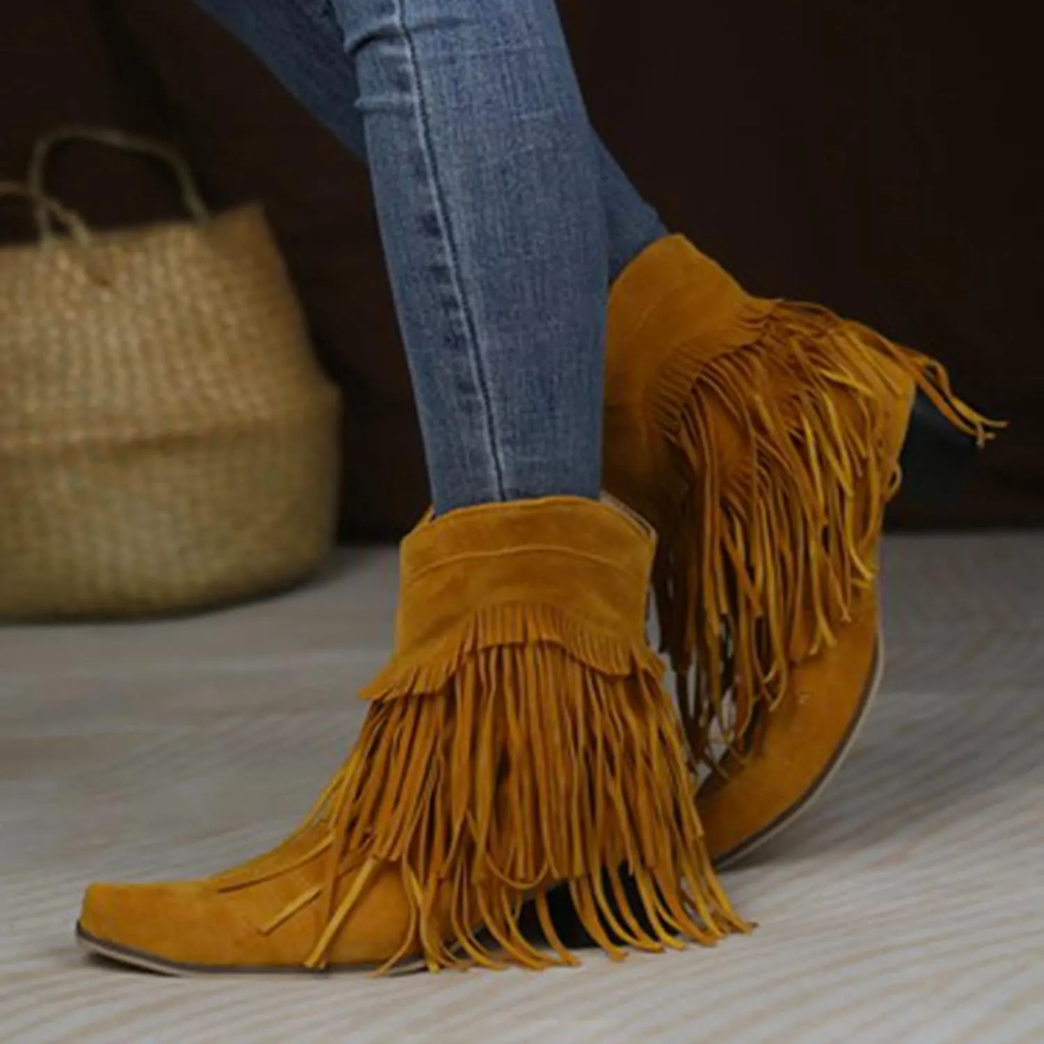 Boots for Women Flat Hollow Ankle Boots Low Chunky Block Stacked Heel Boots Slip On Pointed Toe Western Shoes 52