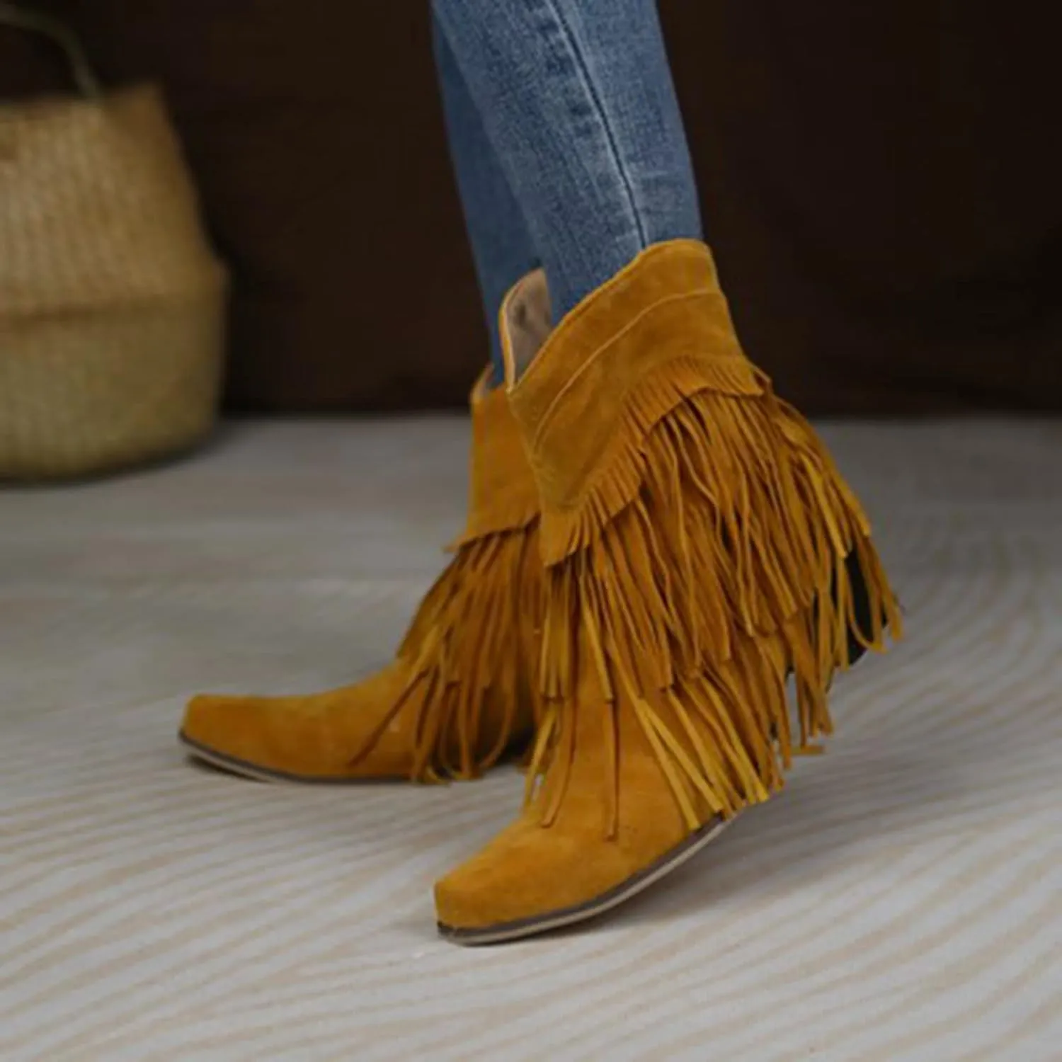 Boots for Women Flat Hollow Ankle Boots Low Chunky Block Stacked Heel Boots Slip On Pointed Toe Western Shoes 52