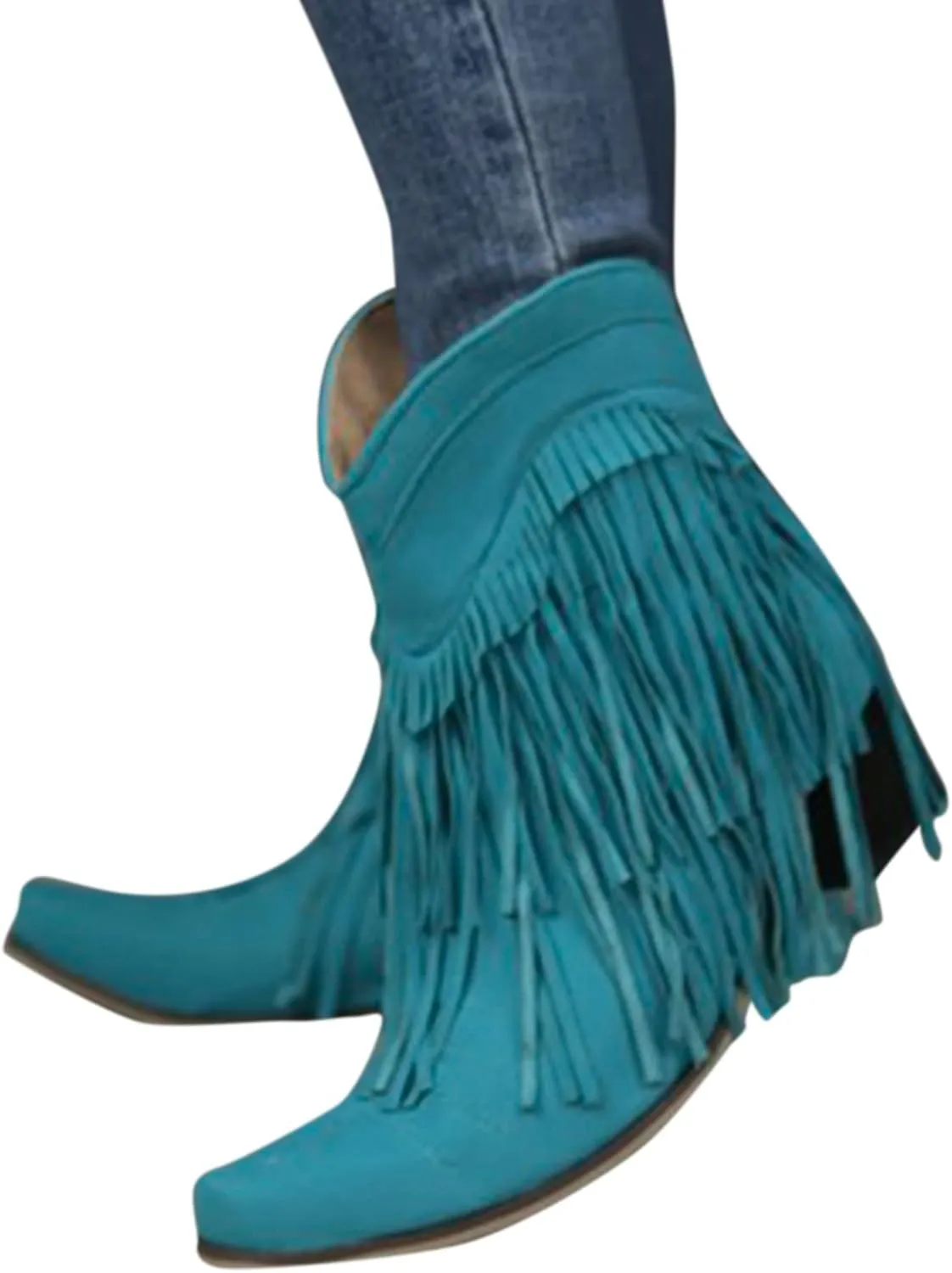 Boots for Women Flat Hollow Ankle Boots Low Chunky Block Stacked Heel Boots Slip On Pointed Toe Western Shoes 52