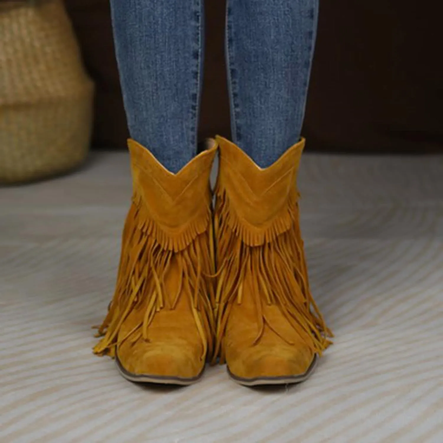 Boots for Women Flat Hollow Ankle Boots Low Chunky Block Stacked Heel Boots Slip On Pointed Toe Western Shoes 52