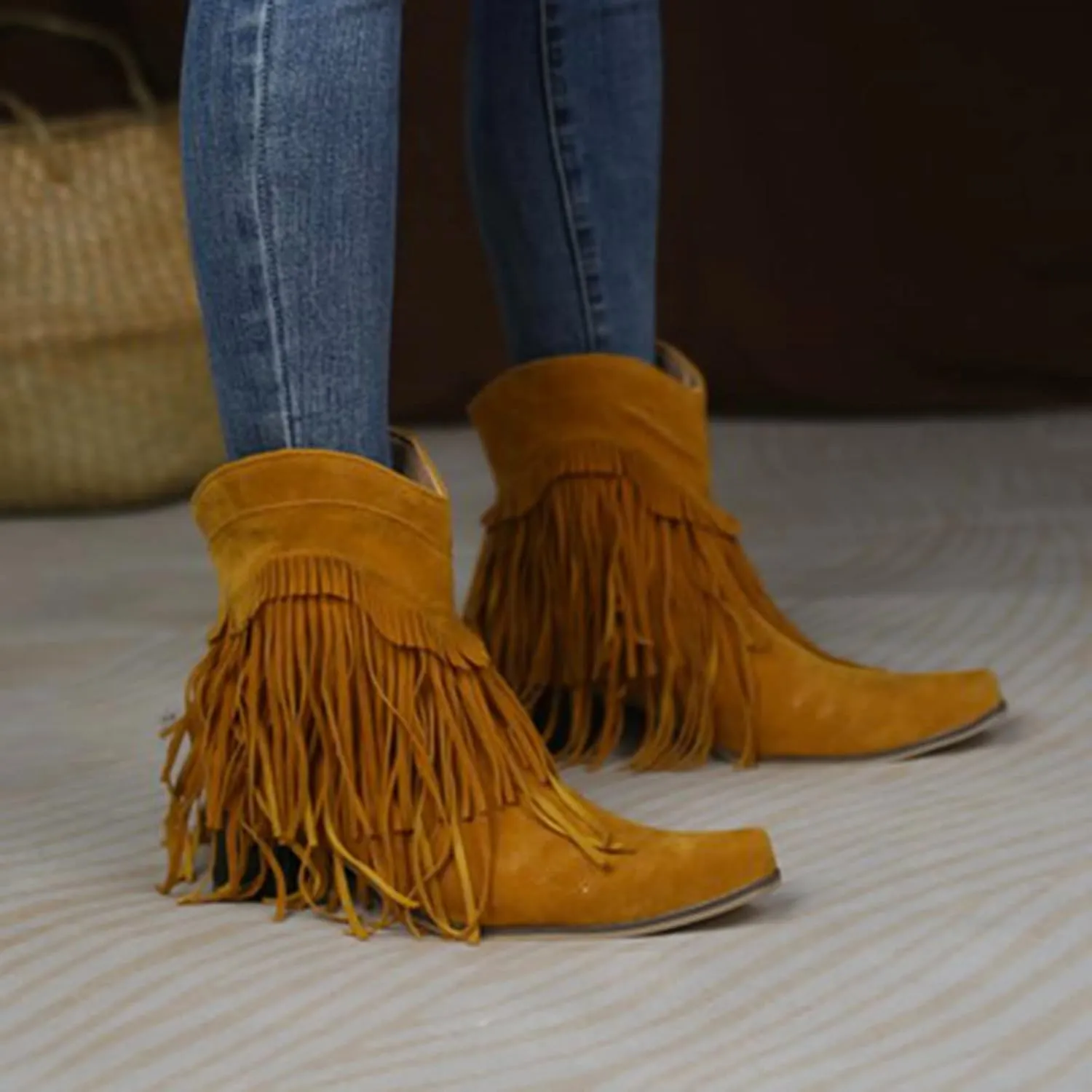 Boots for Women Flat Hollow Ankle Boots Low Chunky Block Stacked Heel Boots Slip On Pointed Toe Western Shoes 52