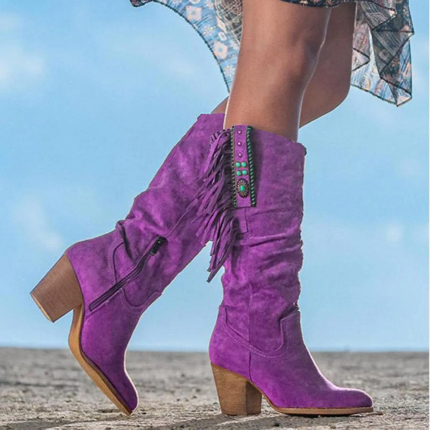 Boots for Women Low Heel Rhinestone Ankle Booties Comfy Short Boots Chunky Block Western Shoes 52