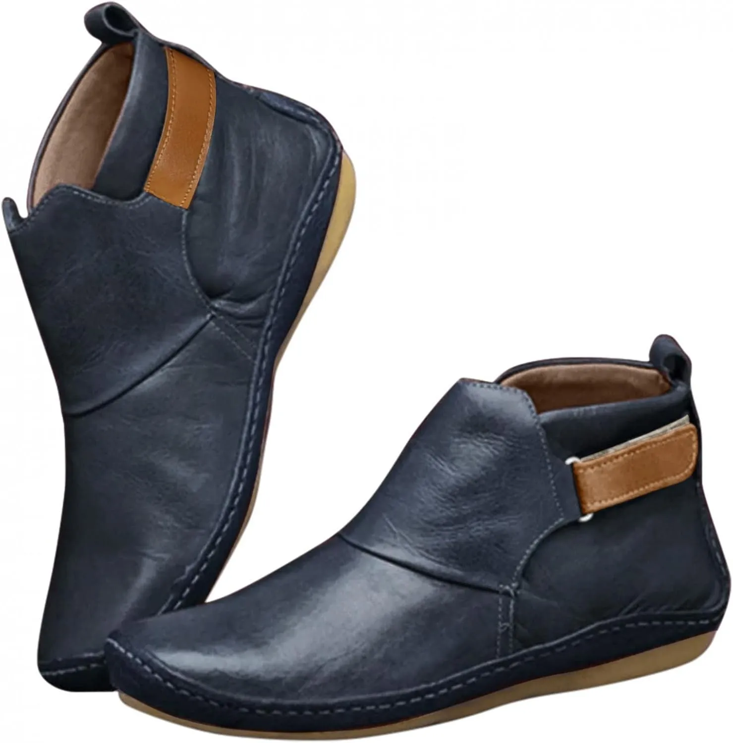 Boots for Women No Heel,2022 New Arch Support Boots Side Zipper Vintage Leather Damping Shoes Flat Heel Booties
