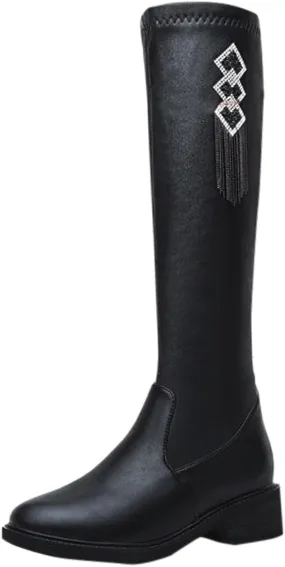 Boots for Women Solid color Block Heels Fashion Womens Boots Side Zipper Round Toe Keen-High Leather Boots