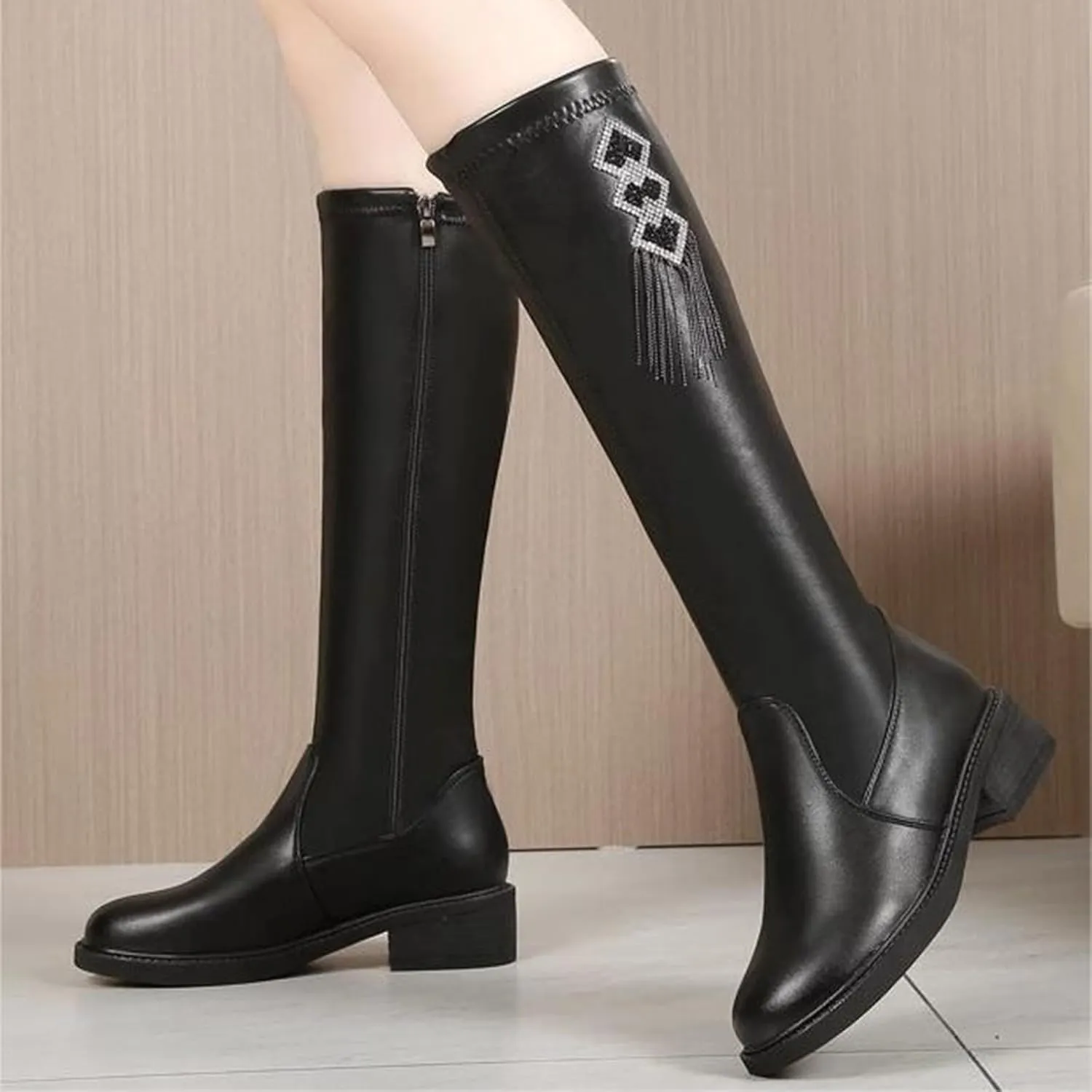 Boots for Women Solid color Block Heels Fashion Womens Boots Side Zipper Round Toe Keen-High Leather Boots