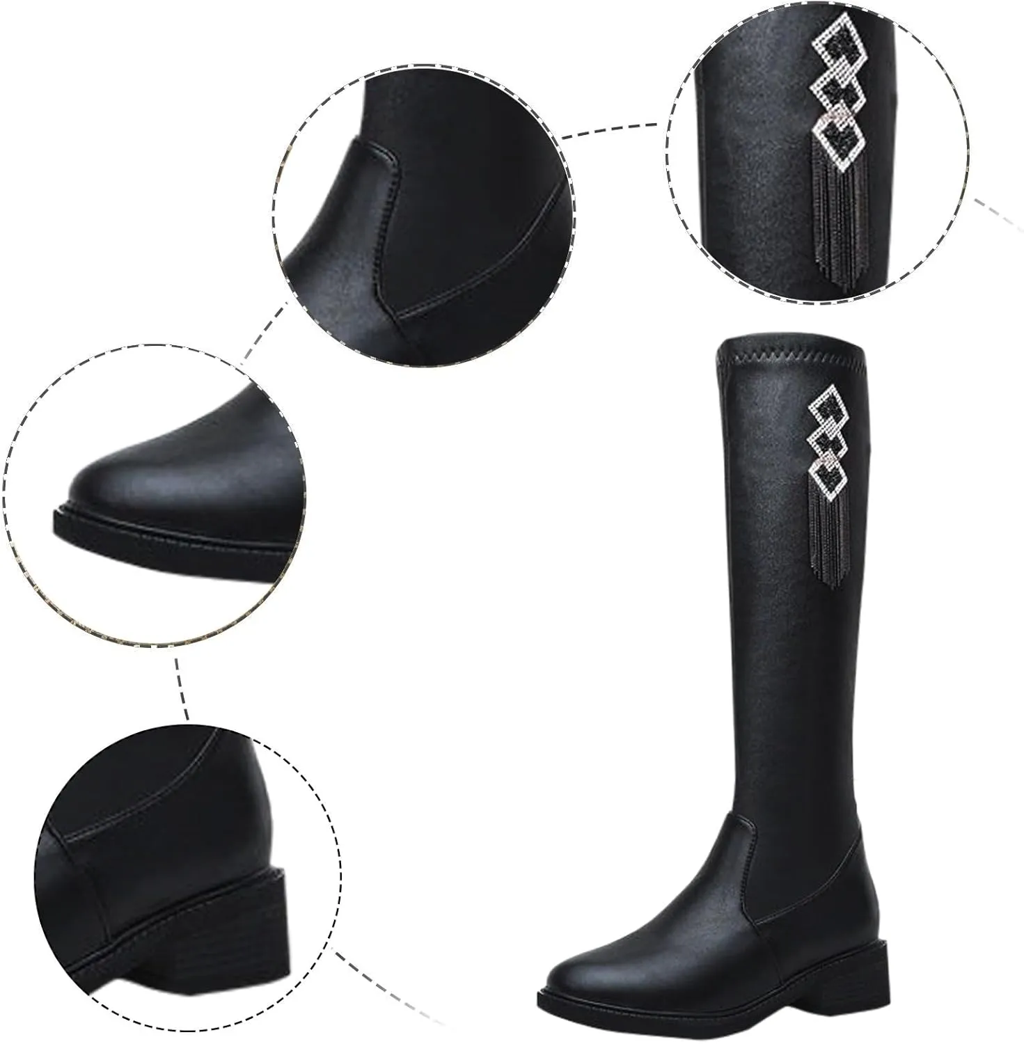 Boots for Women Solid color Block Heels Fashion Womens Boots Side Zipper Round Toe Keen-High Leather Boots