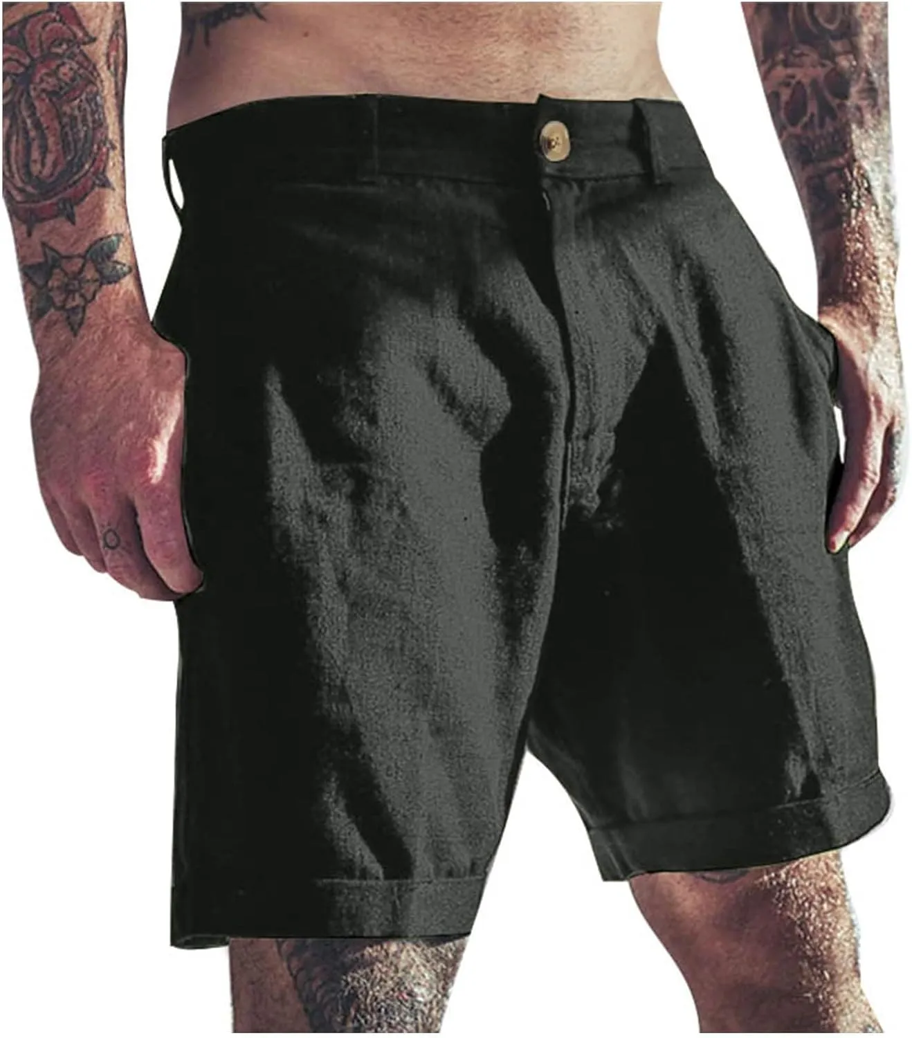Casual Cotton Linen Shorts for Men Straight Wide Leg Lightweight Lounge Shorts Stretchy Soft Loose-Fit Comfy Short