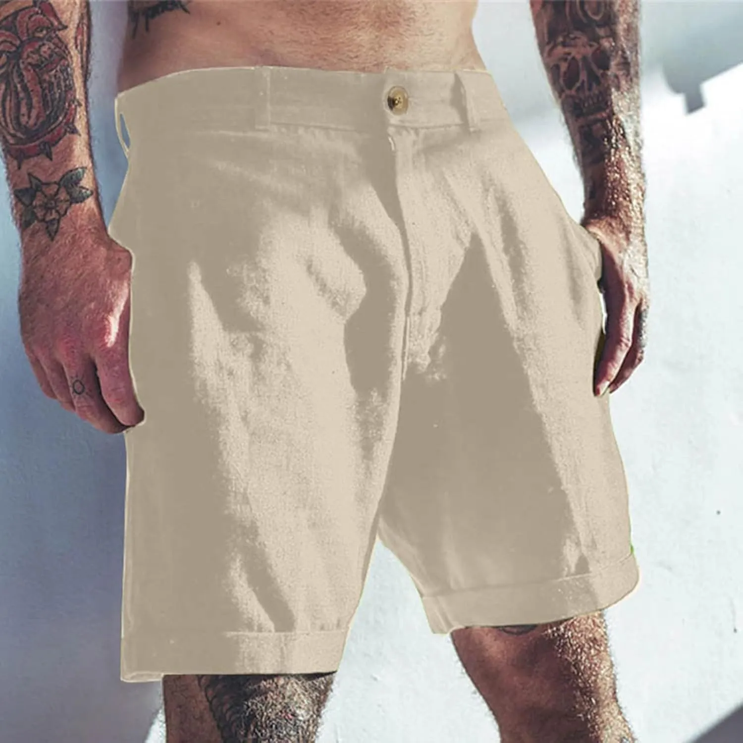 Casual Cotton Linen Shorts for Men Straight Wide Leg Lightweight Lounge Shorts Stretchy Soft Loose-Fit Comfy Short