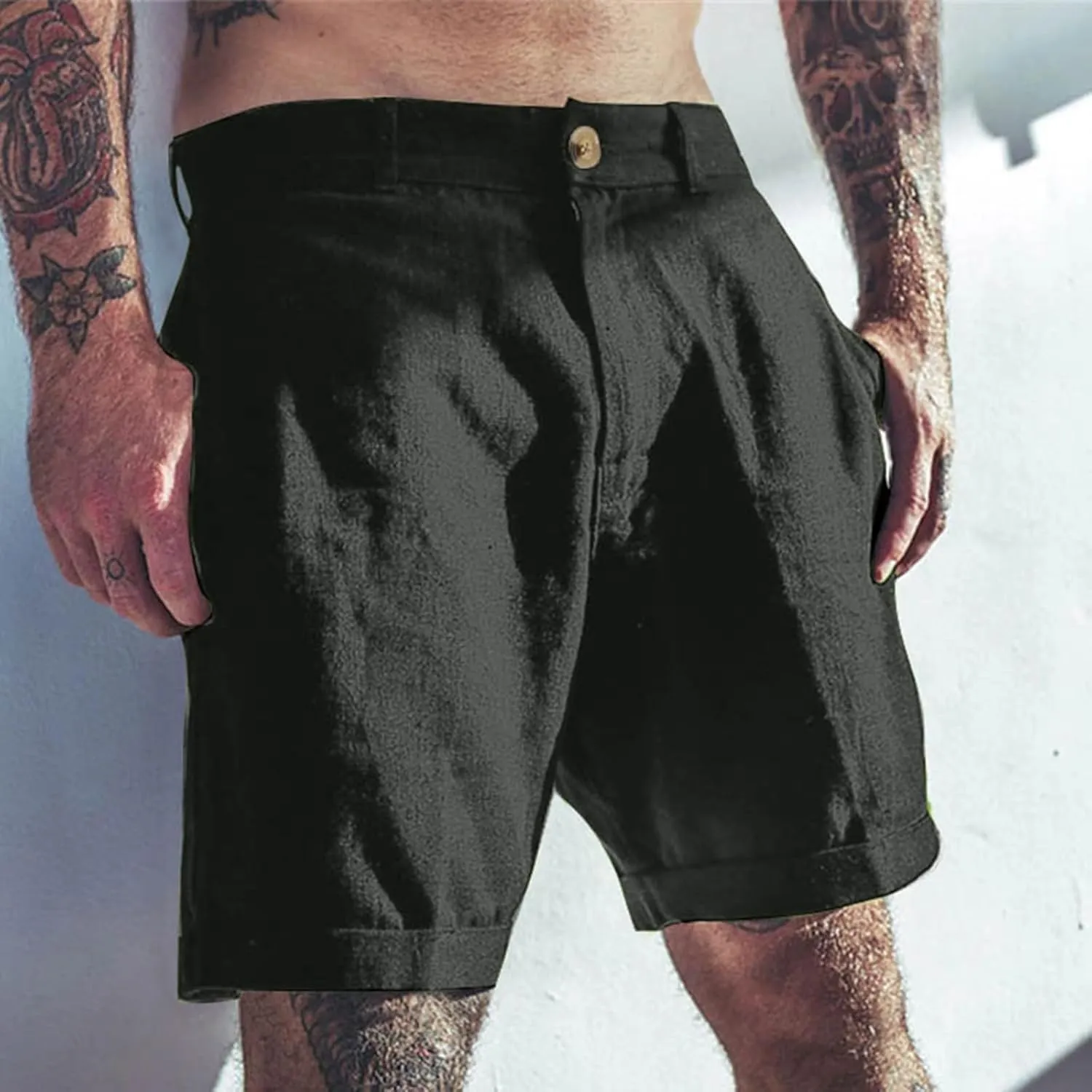 Casual Cotton Linen Shorts for Men Straight Wide Leg Lightweight Lounge Shorts Stretchy Soft Loose-Fit Comfy Short
