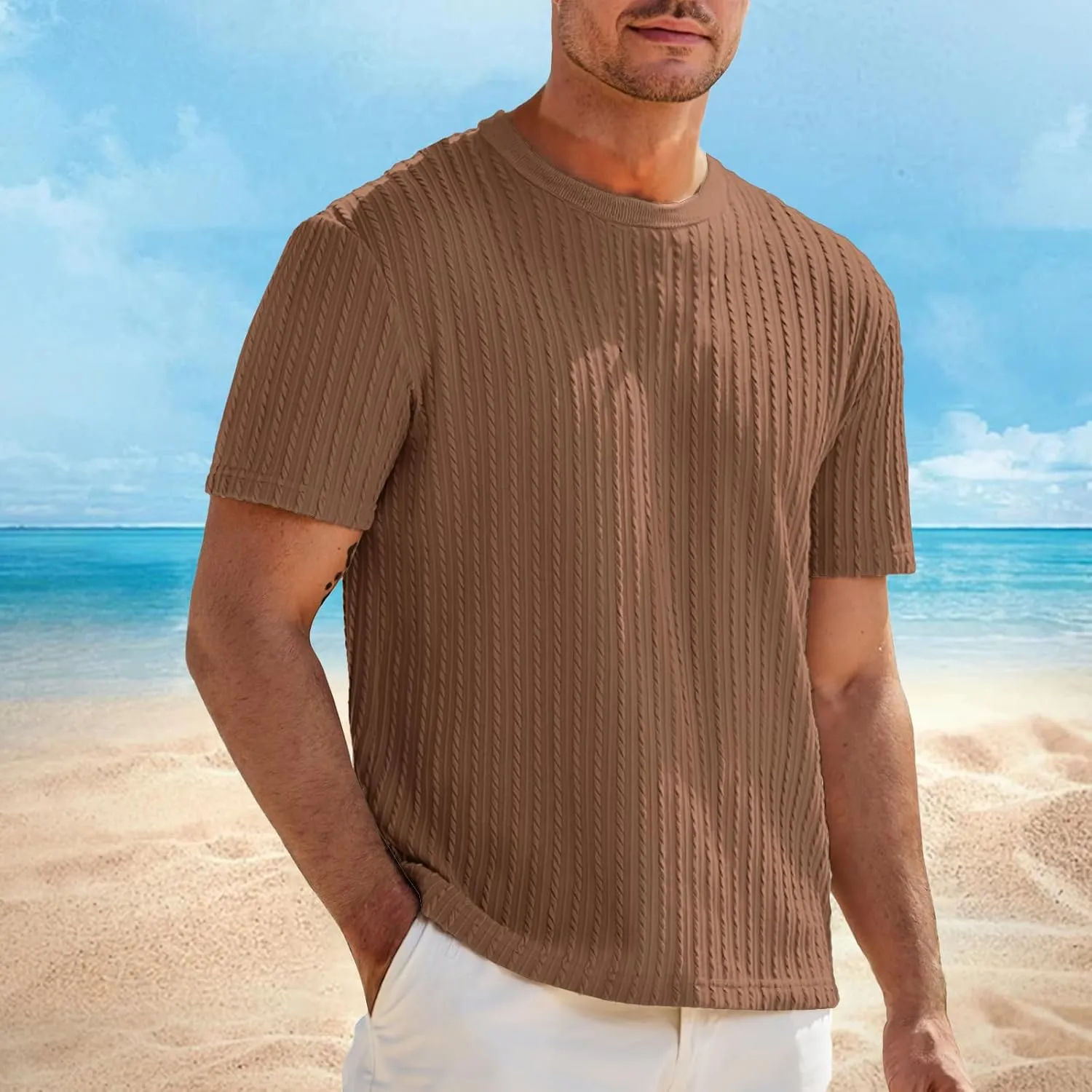 Casual Pullover T-Shirts for Men Knitted Jacquard Textured Shirt Round Neck Short Sleeve Tops Summer Cooling Fit Tees