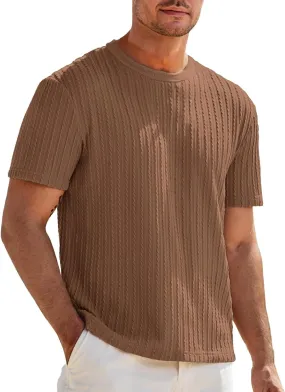 Casual Pullover T-Shirts for Men Knitted Jacquard Textured Shirt Round Neck Short Sleeve Tops Summer Cooling Fit Tees