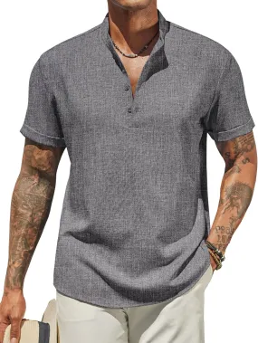 COOFANDY Men's Casual Linen Henley Shirts Short Sleeve Band Collar Summer Beach Vacation T-Shirts
