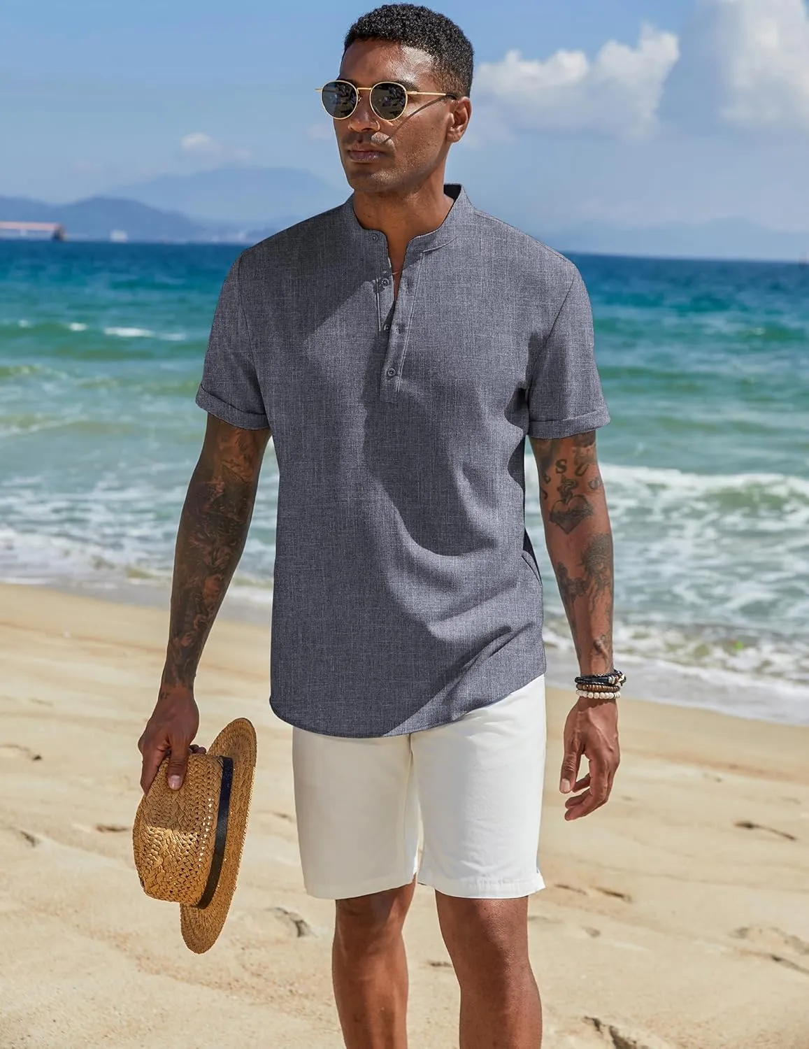 COOFANDY Men's Casual Linen Henley Shirts Short Sleeve Band Collar Summer Beach Vacation T-Shirts