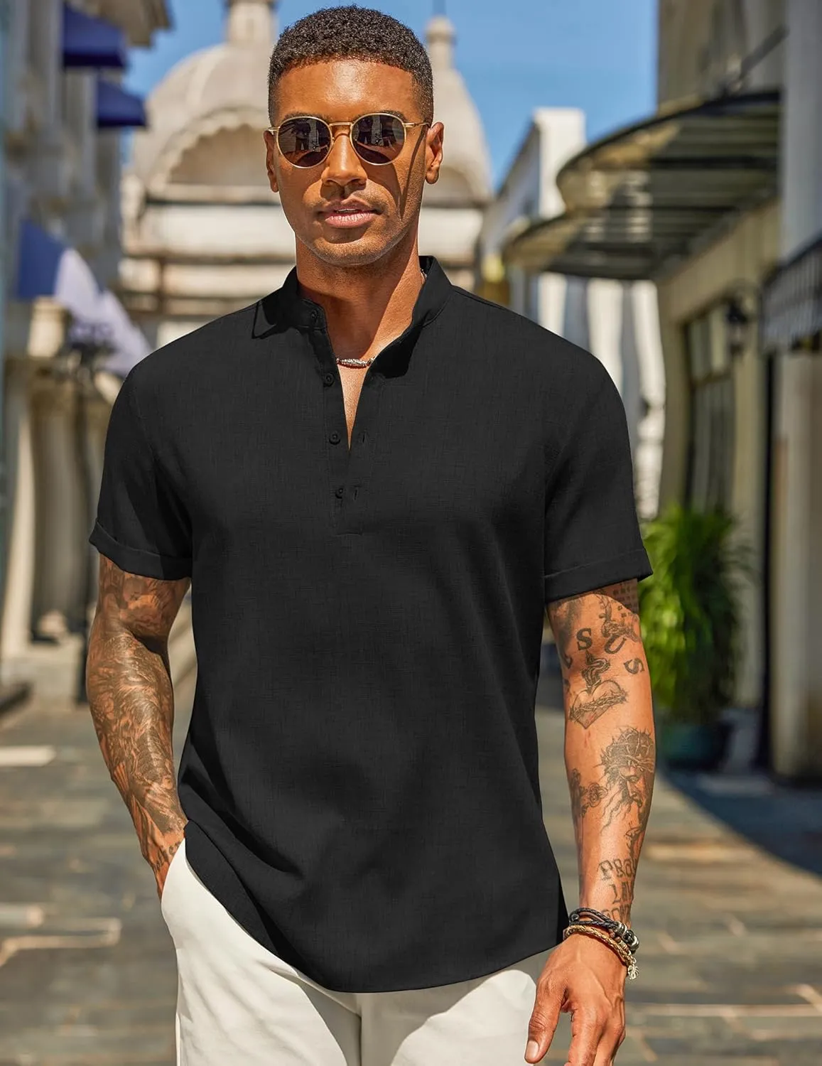 COOFANDY Men's Casual Linen Henley Shirts Short Sleeve Band Collar Summer Beach Vacation T-Shirts