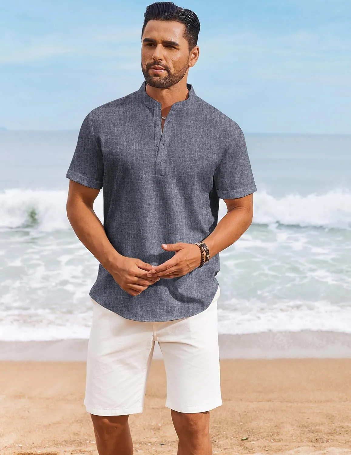 COOFANDY Men's Casual Linen Henley Shirts Short Sleeve Band Collar Summer Beach Vacation T-Shirts