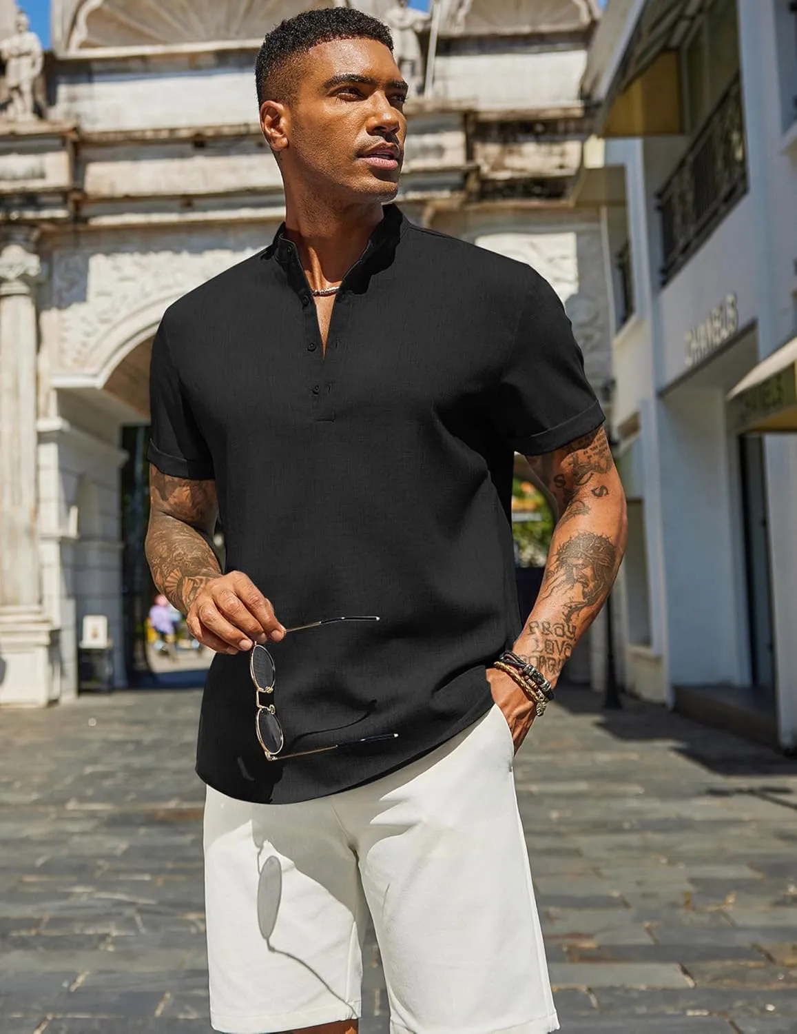 COOFANDY Men's Casual Linen Henley Shirts Short Sleeve Band Collar Summer Beach Vacation T-Shirts