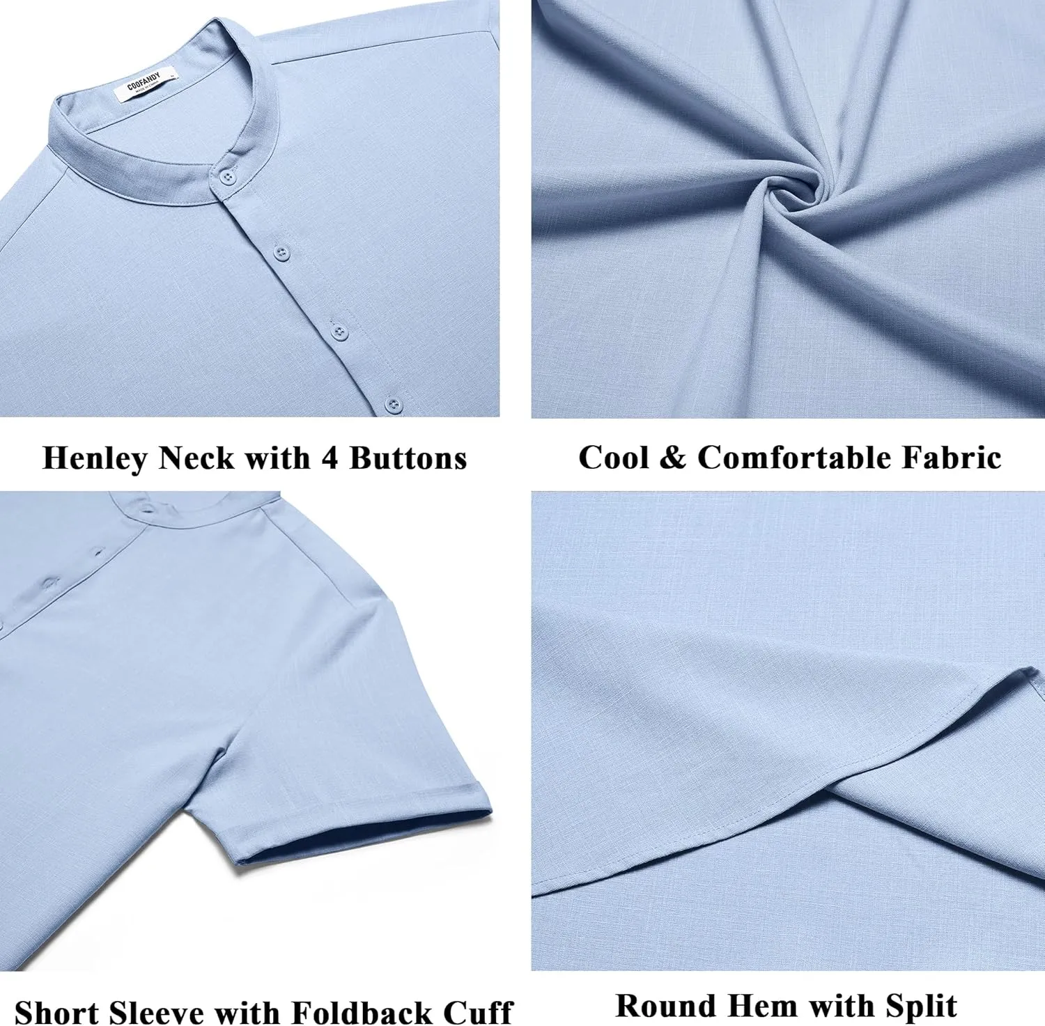 COOFANDY Men's Casual Linen Henley Shirts Short Sleeve Band Collar Summer Beach Vacation T-Shirts