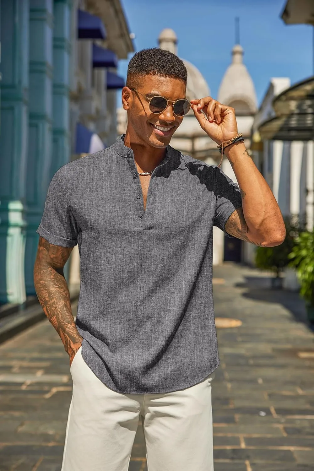 COOFANDY Men's Casual Linen Henley Shirts Short Sleeve Band Collar Summer Beach Vacation T-Shirts