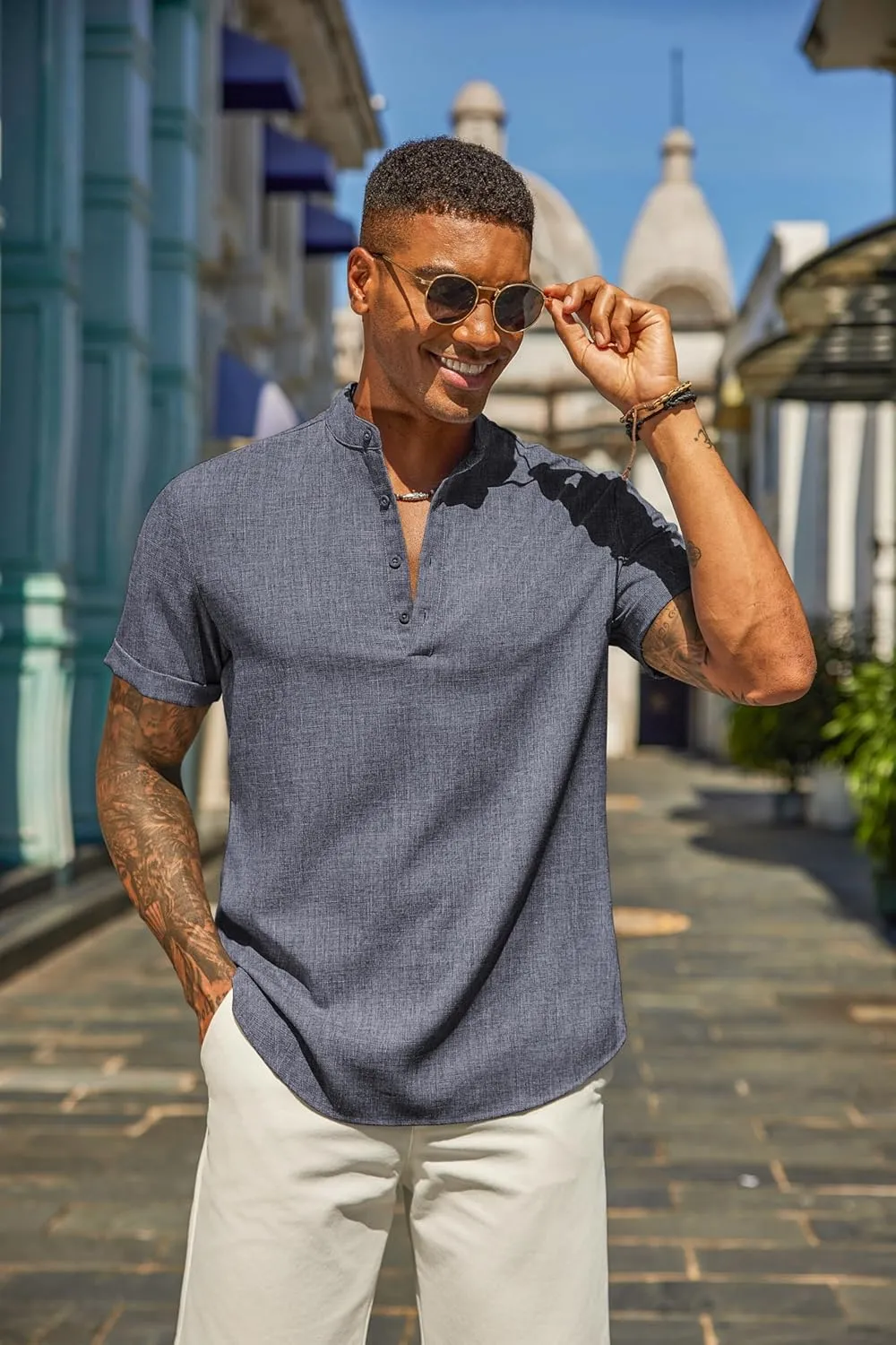 COOFANDY Men's Casual Linen Henley Shirts Short Sleeve Band Collar Summer Beach Vacation T-Shirts