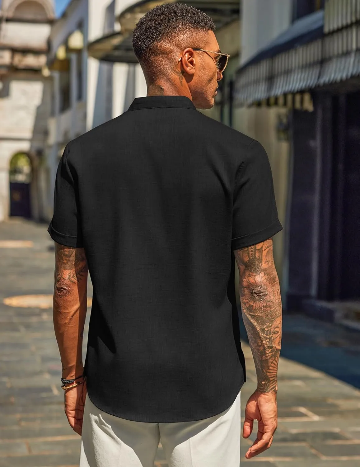 COOFANDY Men's Casual Linen Henley Shirts Short Sleeve Band Collar Summer Beach Vacation T-Shirts