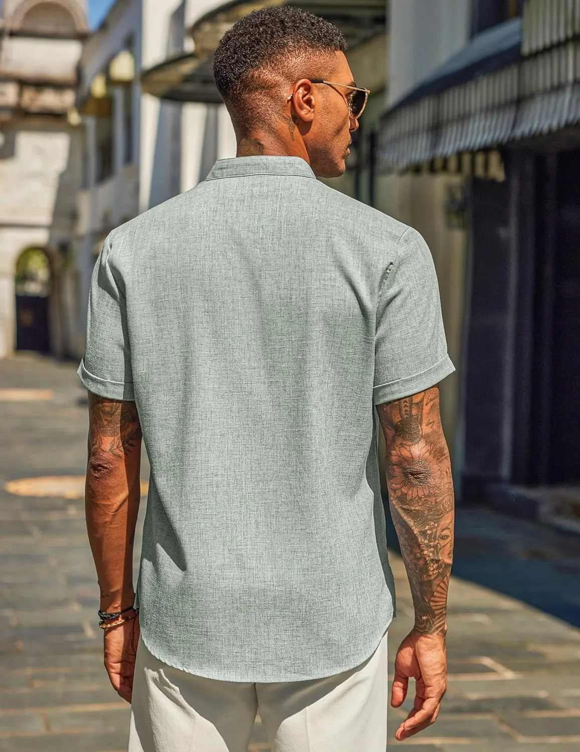 COOFANDY Men's Casual Linen Henley Shirts Short Sleeve Band Collar Summer Beach Vacation T-Shirts