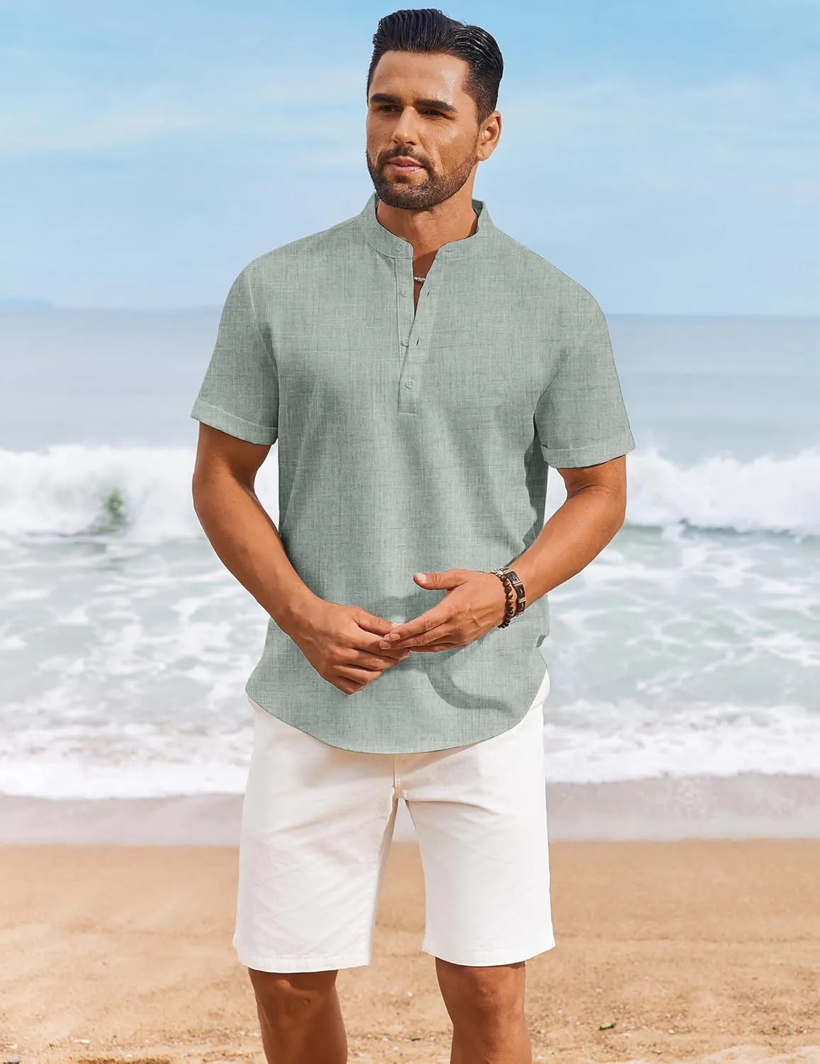 COOFANDY Men's Casual Linen Henley Shirts Short Sleeve Band Collar Summer Beach Vacation T-Shirts