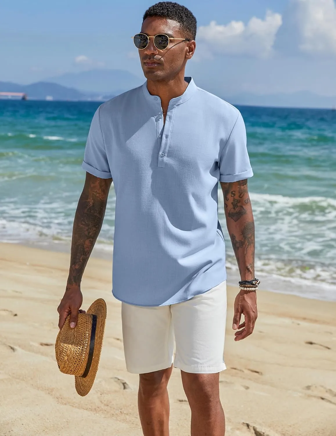 COOFANDY Men's Casual Linen Henley Shirts Short Sleeve Band Collar Summer Beach Vacation T-Shirts