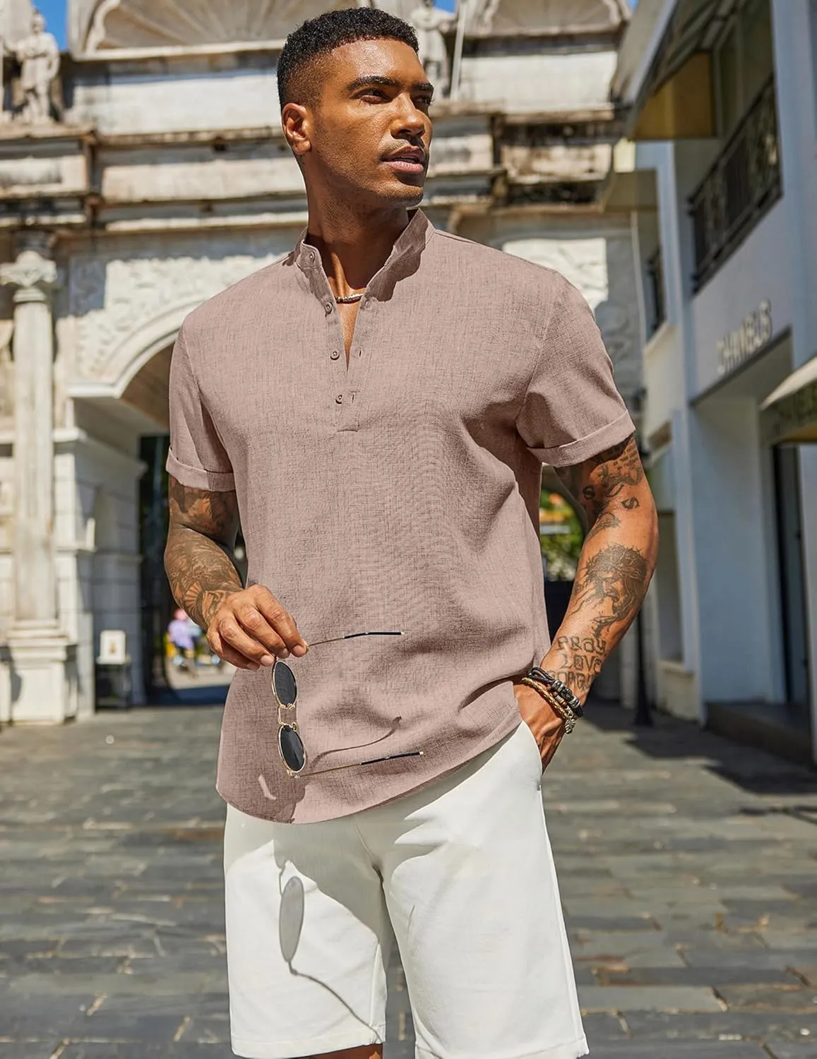 COOFANDY Men's Casual Linen Henley Shirts Short Sleeve Band Collar Summer Beach Vacation T-Shirts