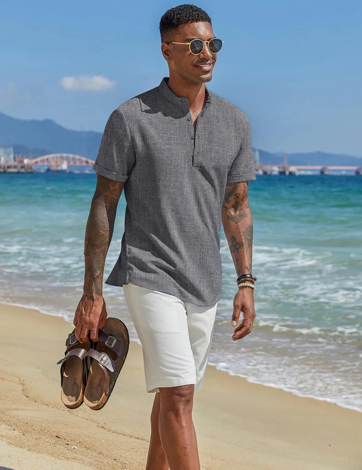 COOFANDY Men's Casual Linen Henley Shirts Short Sleeve Band Collar Summer Beach Vacation T-Shirts