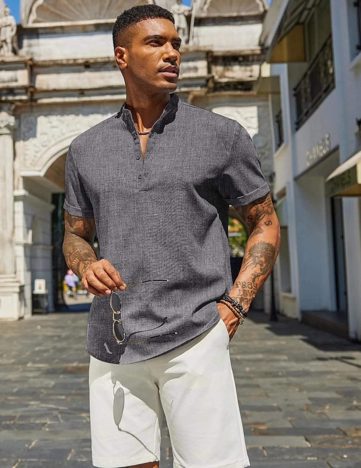 COOFANDY Men's Casual Linen Henley Shirts Short Sleeve Band Collar Summer Beach Vacation T-Shirts