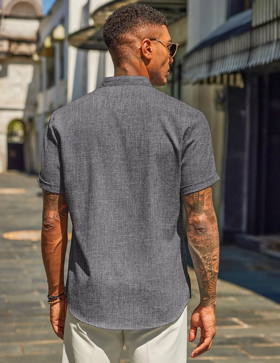 COOFANDY Men's Casual Linen Henley Shirts Short Sleeve Band Collar Summer Beach Vacation T-Shirts
