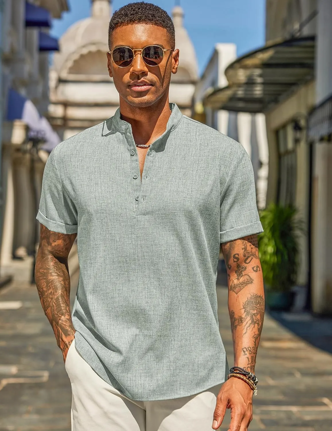COOFANDY Men's Casual Linen Henley Shirts Short Sleeve Band Collar Summer Beach Vacation T-Shirts