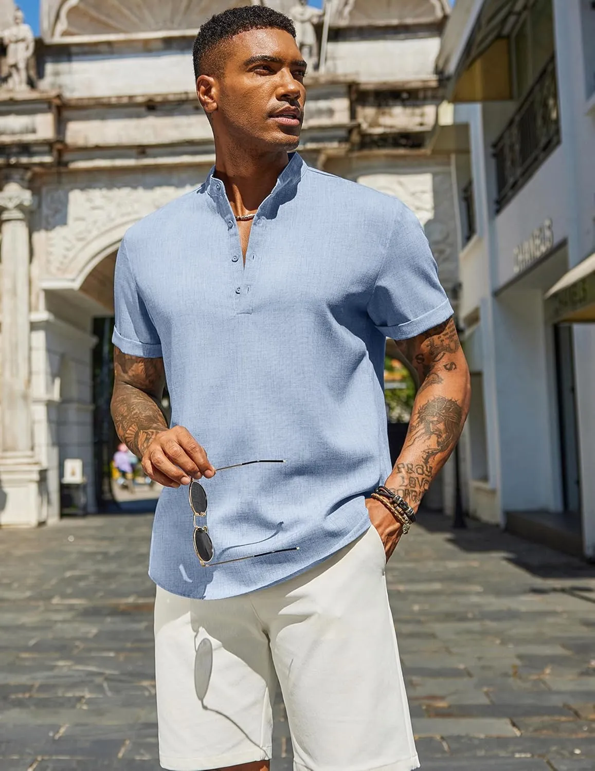 COOFANDY Men's Casual Linen Henley Shirts Short Sleeve Band Collar Summer Beach Vacation T-Shirts