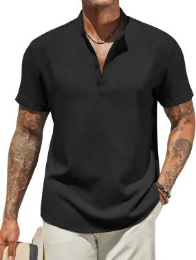 COOFANDY Men's Casual Linen Henley Shirts Short Sleeve Band Collar Summer Beach Vacation T-Shirts