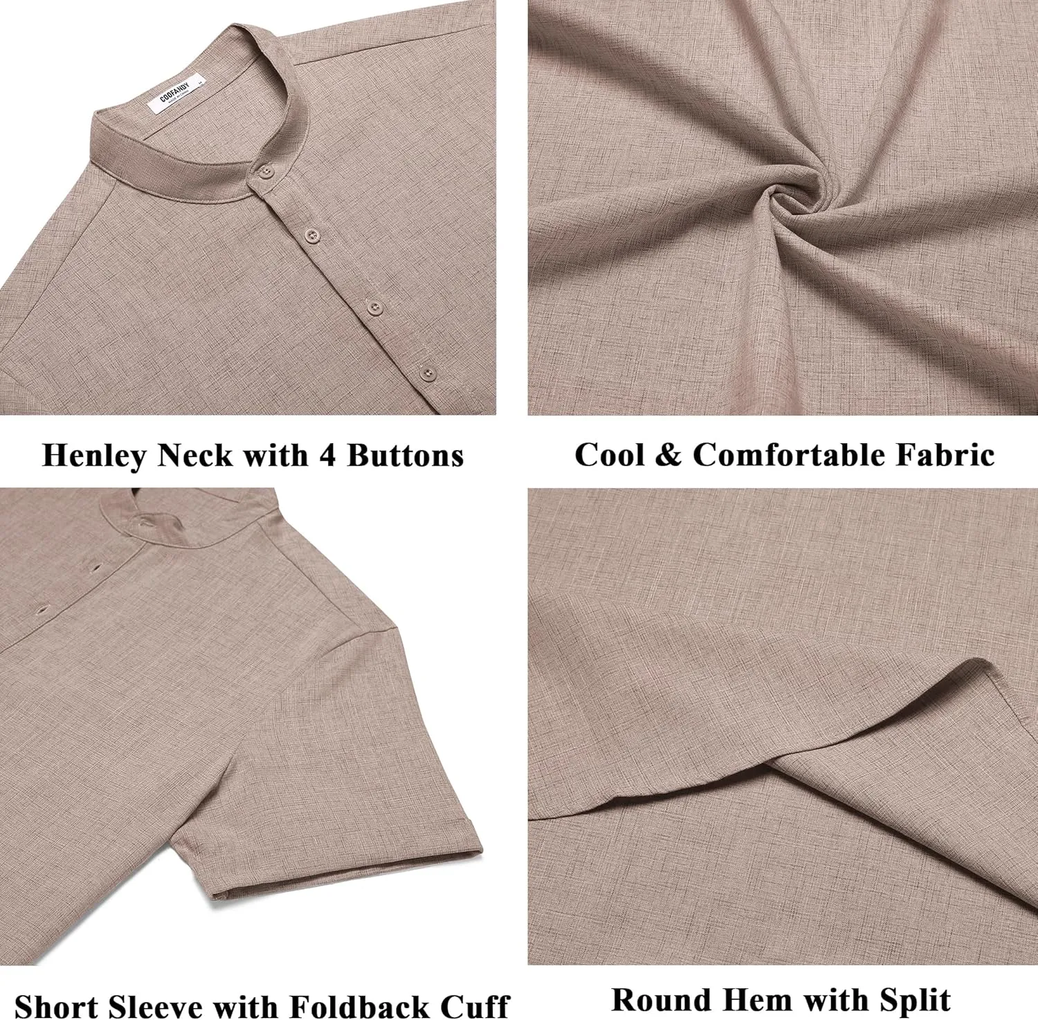 COOFANDY Men's Casual Linen Henley Shirts Short Sleeve Band Collar Summer Beach Vacation T-Shirts