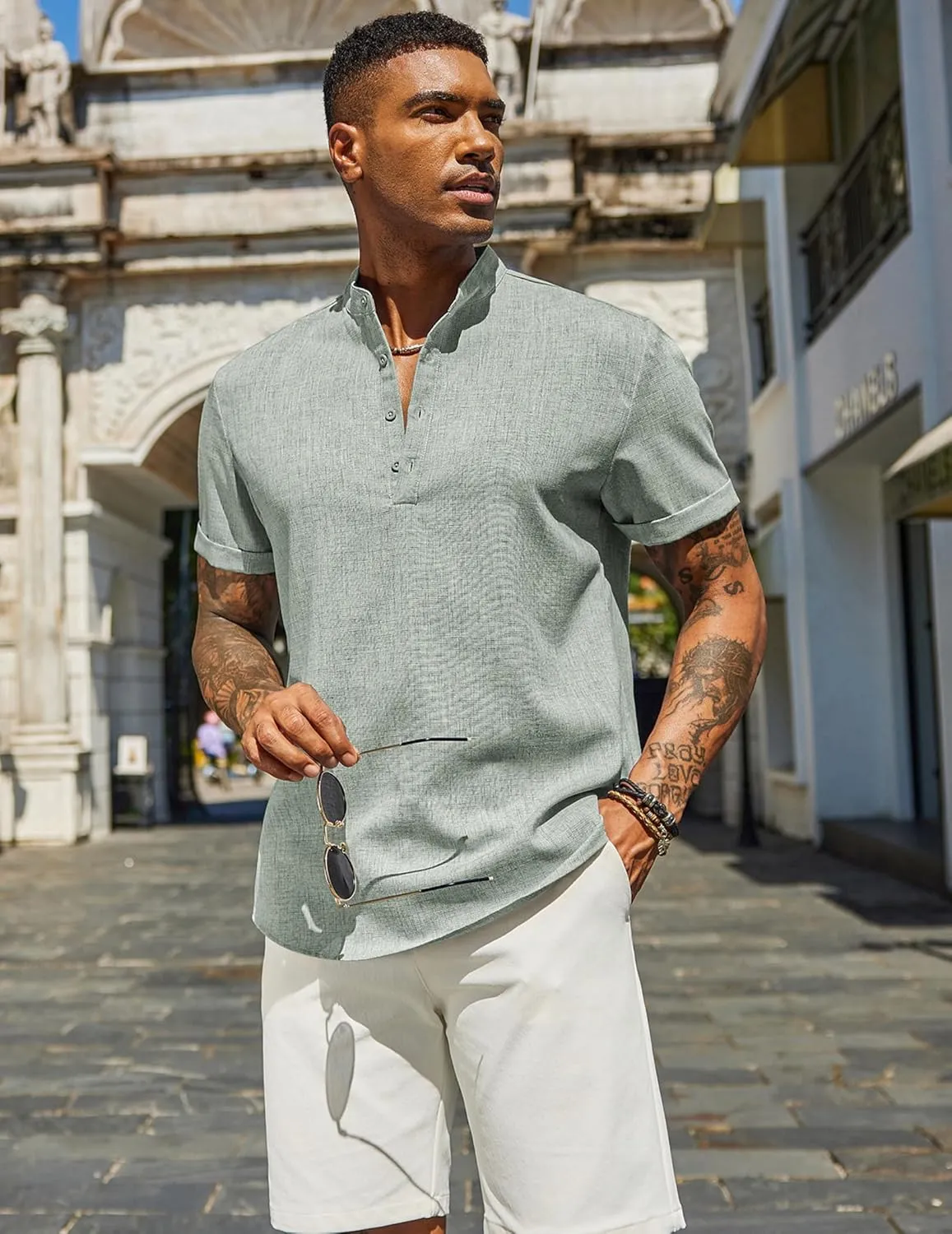 COOFANDY Men's Casual Linen Henley Shirts Short Sleeve Band Collar Summer Beach Vacation T-Shirts