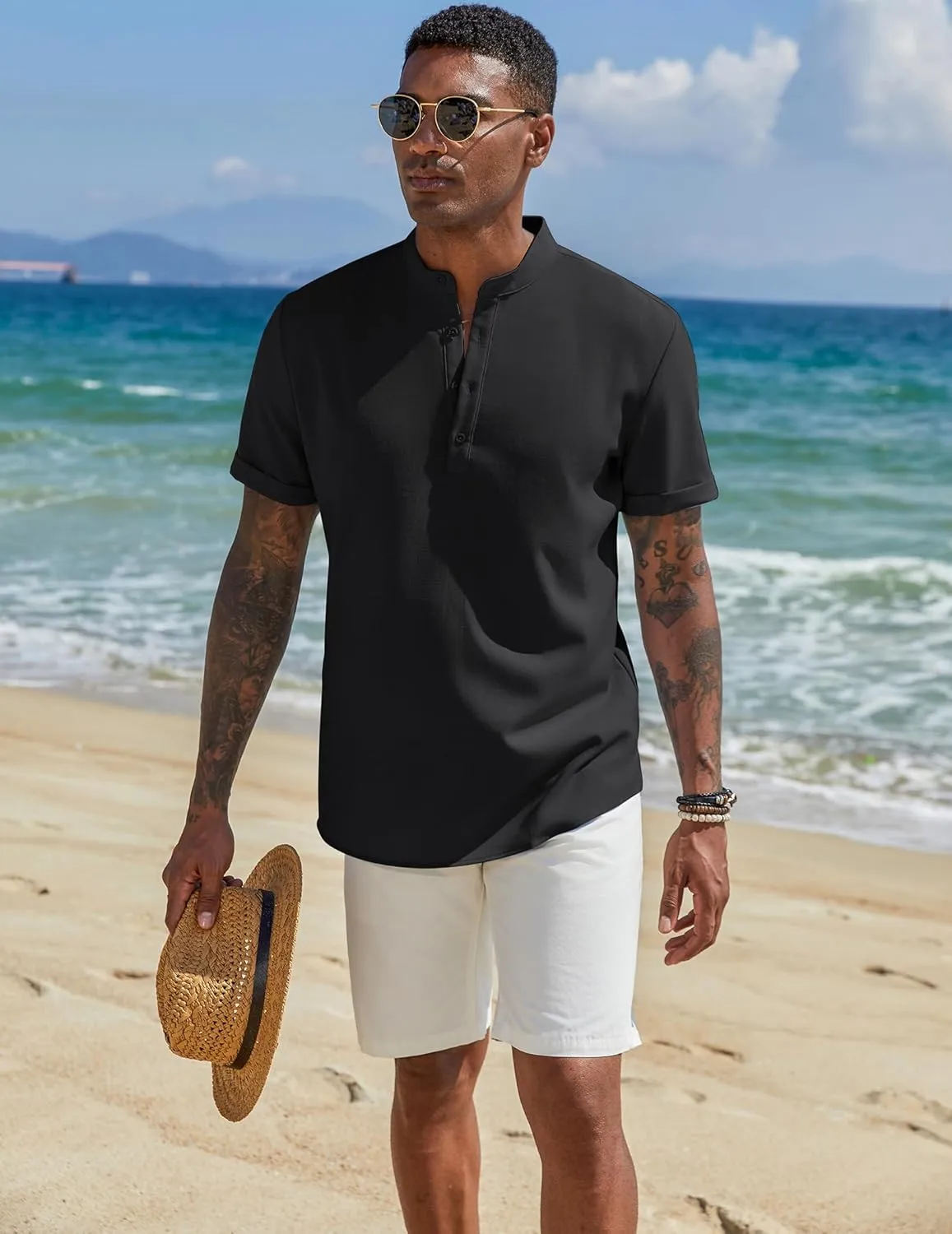COOFANDY Men's Casual Linen Henley Shirts Short Sleeve Band Collar Summer Beach Vacation T-Shirts