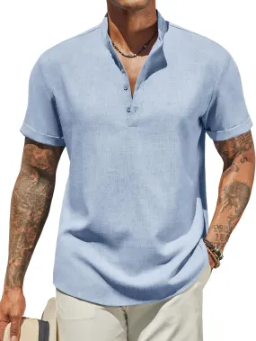 COOFANDY Men's Casual Linen Henley Shirts Short Sleeve Band Collar Summer Beach Vacation T-Shirts