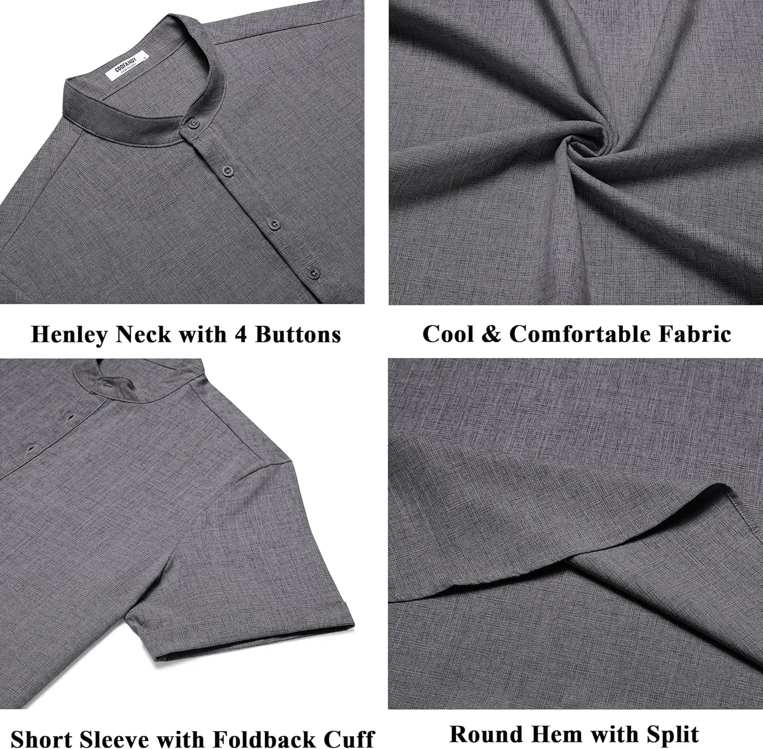 COOFANDY Men's Casual Linen Henley Shirts Short Sleeve Band Collar Summer Beach Vacation T-Shirts