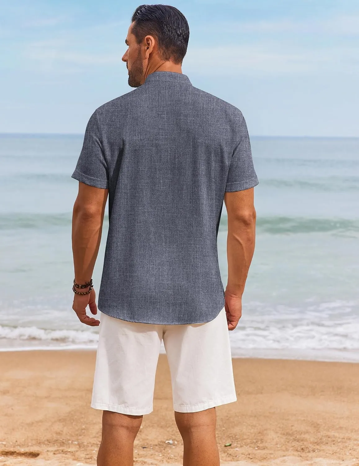 COOFANDY Men's Casual Linen Henley Shirts Short Sleeve Band Collar Summer Beach Vacation T-Shirts
