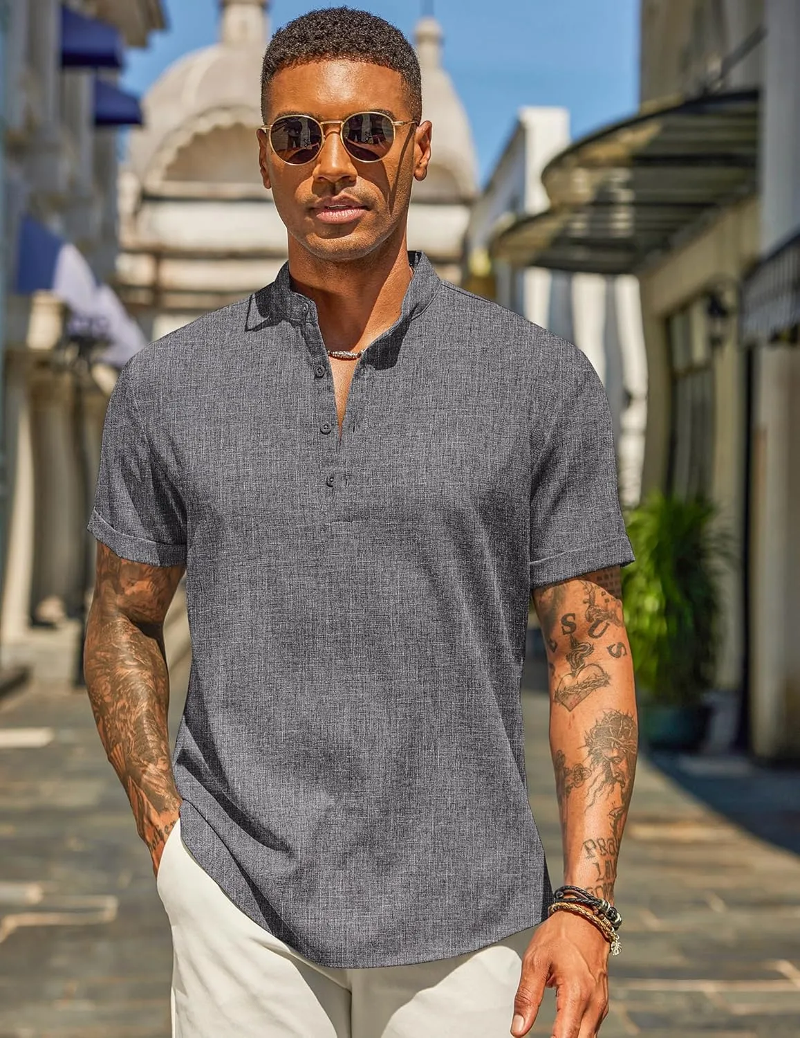 COOFANDY Men's Casual Linen Henley Shirts Short Sleeve Band Collar Summer Beach Vacation T-Shirts