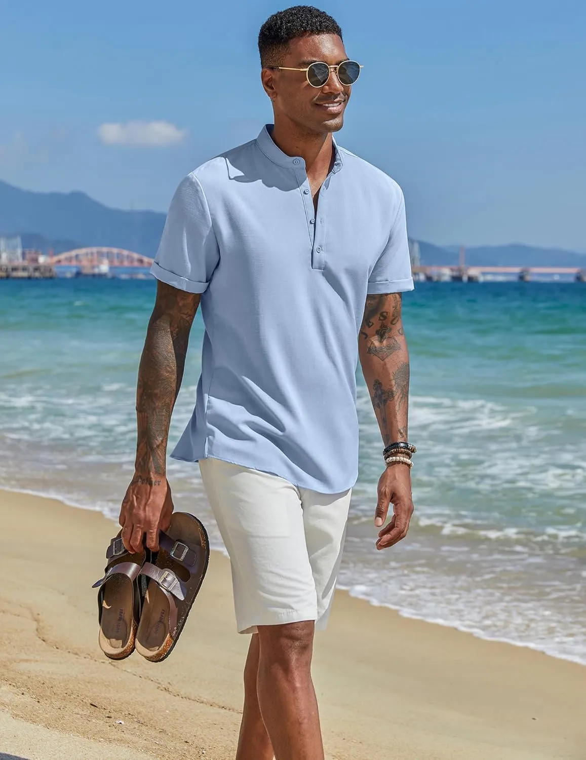 COOFANDY Men's Casual Linen Henley Shirts Short Sleeve Band Collar Summer Beach Vacation T-Shirts
