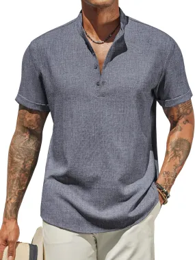 COOFANDY Men's Casual Linen Henley Shirts Short Sleeve Band Collar Summer Beach Vacation T-Shirts