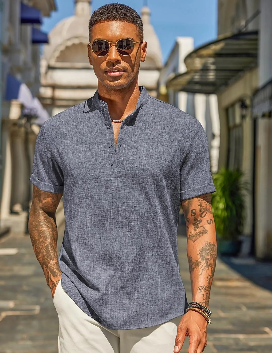 COOFANDY Men's Casual Linen Henley Shirts Short Sleeve Band Collar Summer Beach Vacation T-Shirts