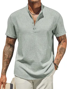 COOFANDY Men's Casual Linen Henley Shirts Short Sleeve Band Collar Summer Beach Vacation T-Shirts