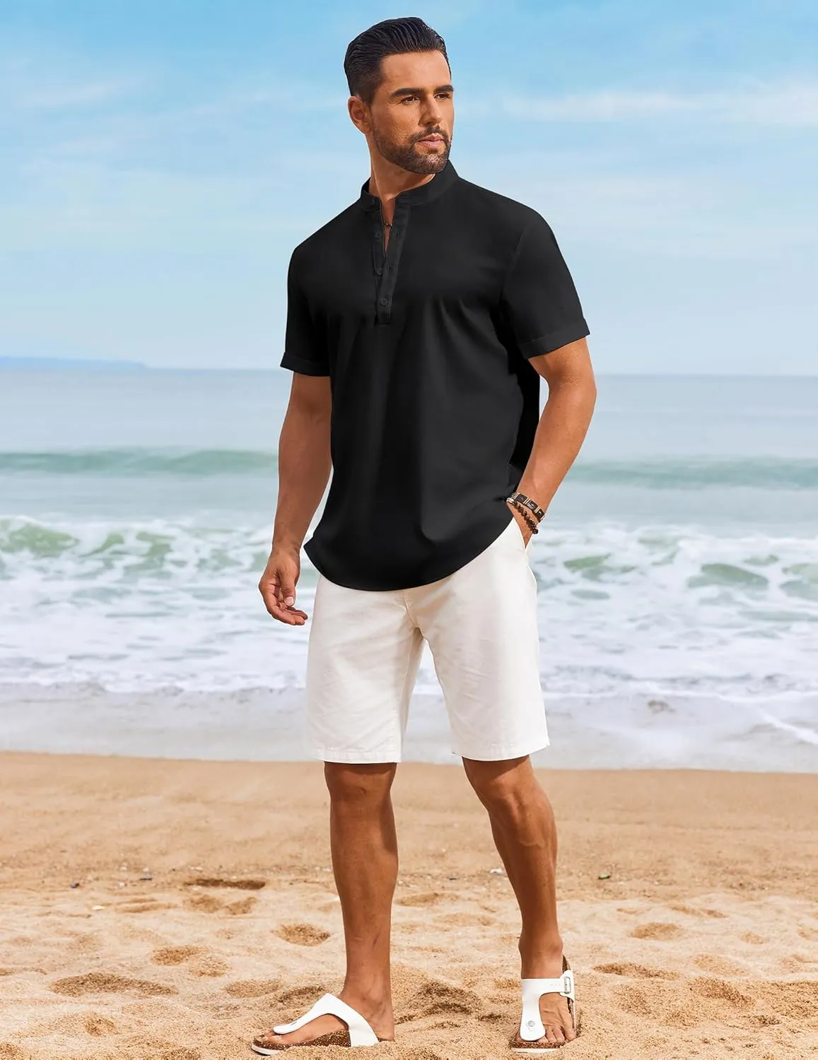 COOFANDY Men's Casual Linen Henley Shirts Short Sleeve Band Collar Summer Beach Vacation T-Shirts