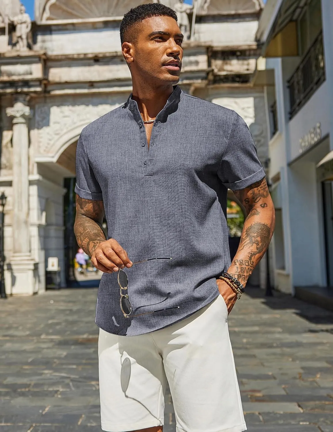 COOFANDY Men's Casual Linen Henley Shirts Short Sleeve Band Collar Summer Beach Vacation T-Shirts