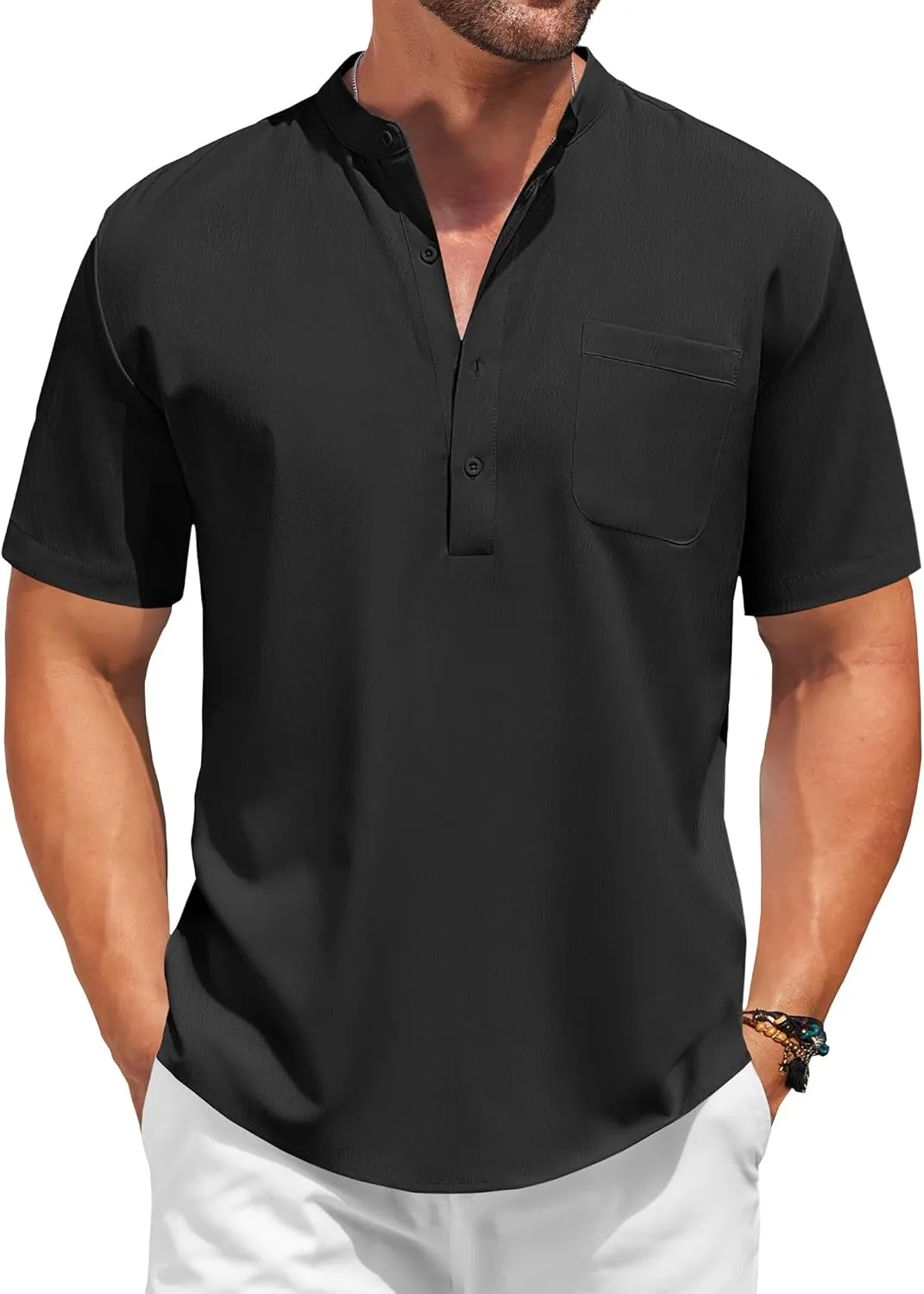 COOFANDY Mens Linen Cotton Henley Casual Summer Shirts Beach Band Collar T Shirt Teatured Vacation Shirt Black