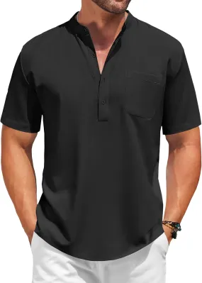 COOFANDY Mens Linen Cotton Henley Casual Summer Shirts Beach Band Collar T Shirt Teatured Vacation Shirt Black