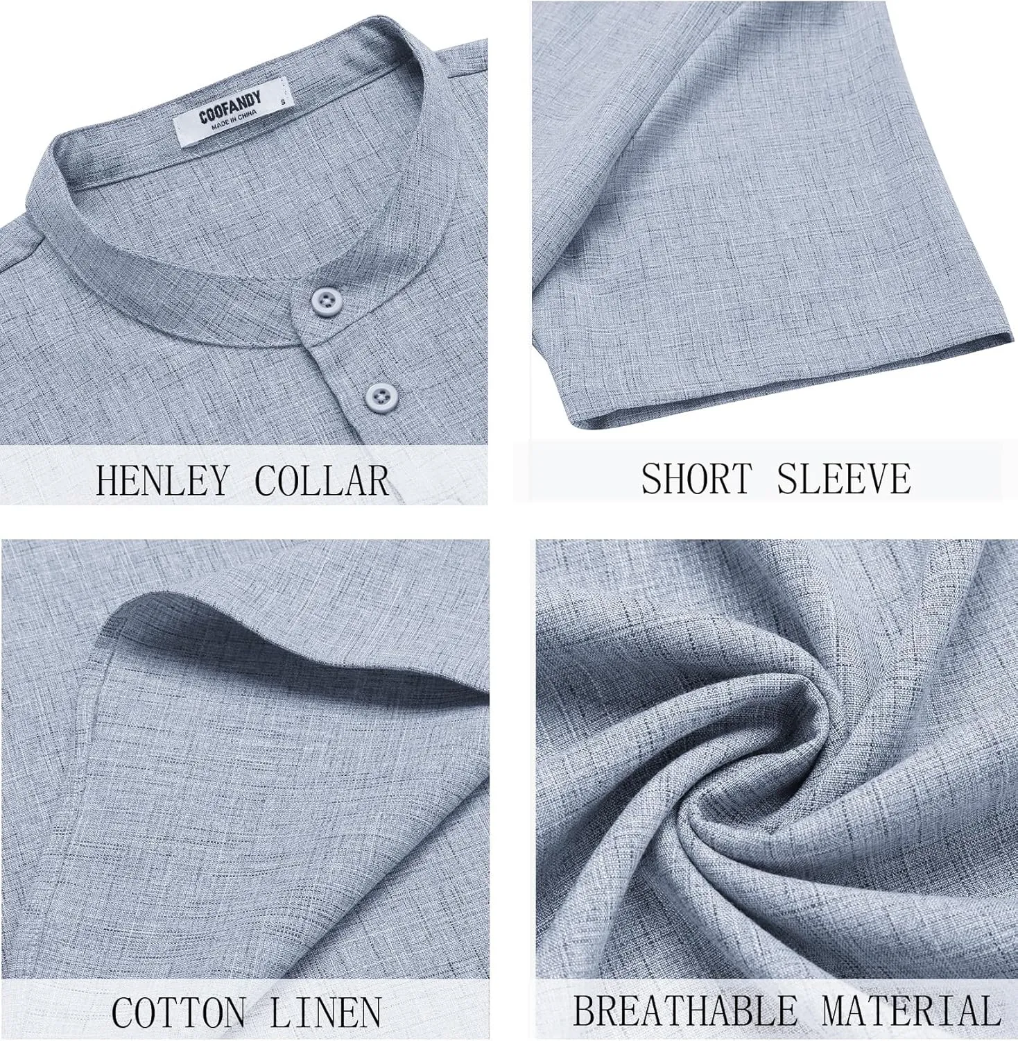 COOFANDY Men's Short Sleeve Henley Shirts Casual Collarless Shirt Band Collar Henley Summer Beach Henley T-Shirt